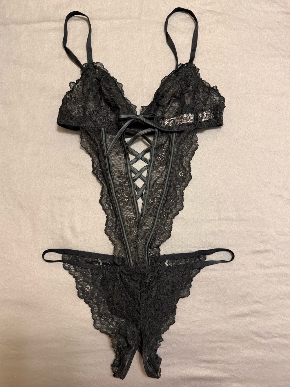 Black Lace Strappy Teddy Bodysuit - Women Intimates